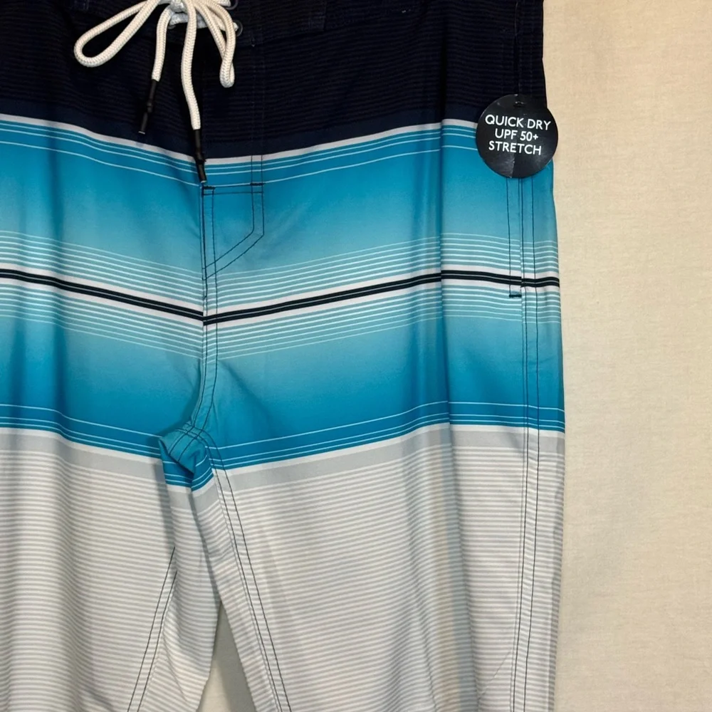 G-148 Men’s No Boundaries NWT Blue &‎ White Stripe Fixed Waist Swim Board Shorts
